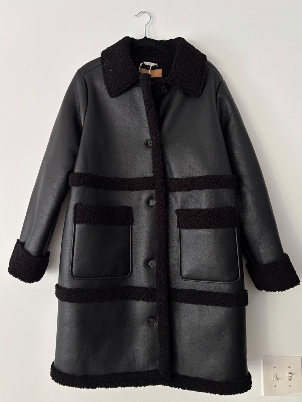 Bearpaw Womens XL Black Faux Leather Sherpa Trim Button Front Car Coat Pockets